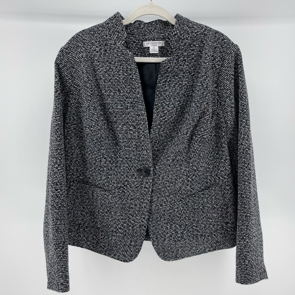 Liz Claiborne Black White Tweed Single Button Blazer Jacket, Women's 1X